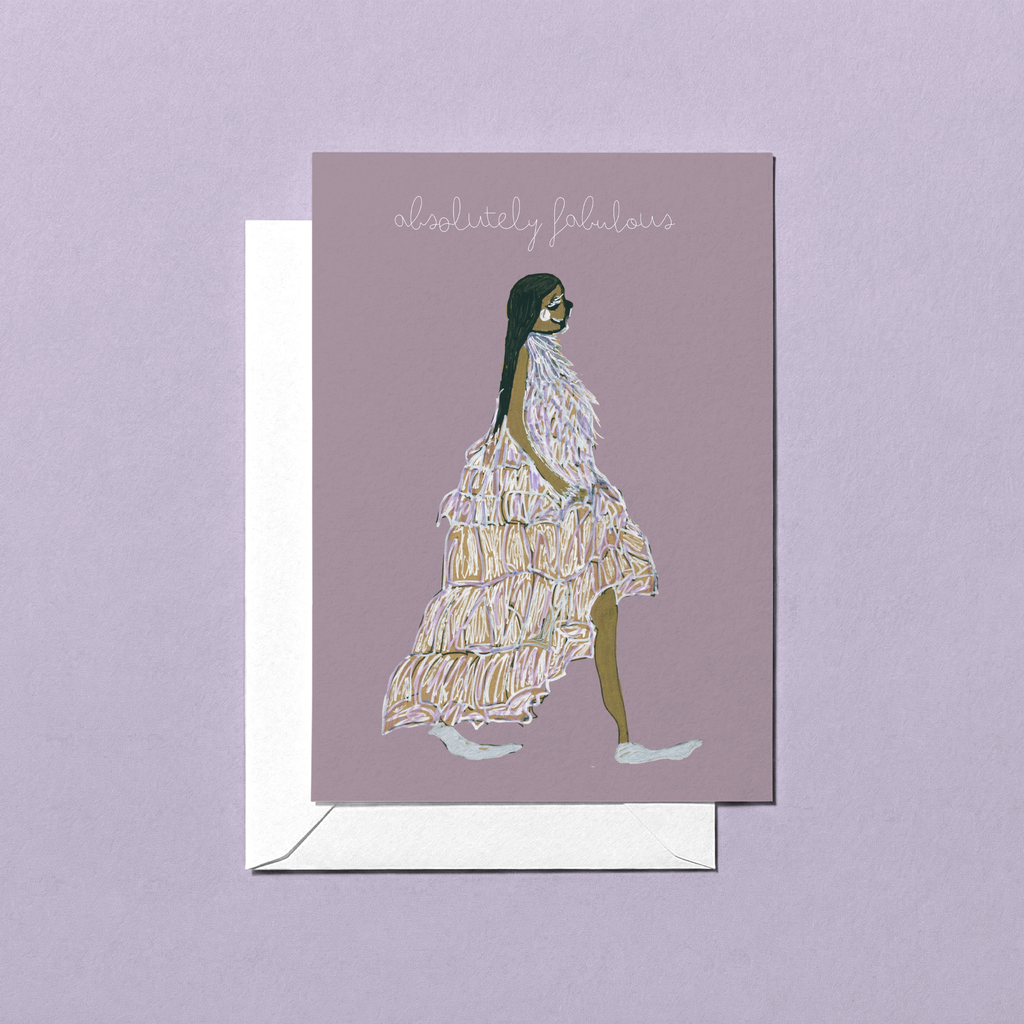 Greeting card with fashion illustration of a woman with black hair in a white feather and white shoes dress on a purple background
