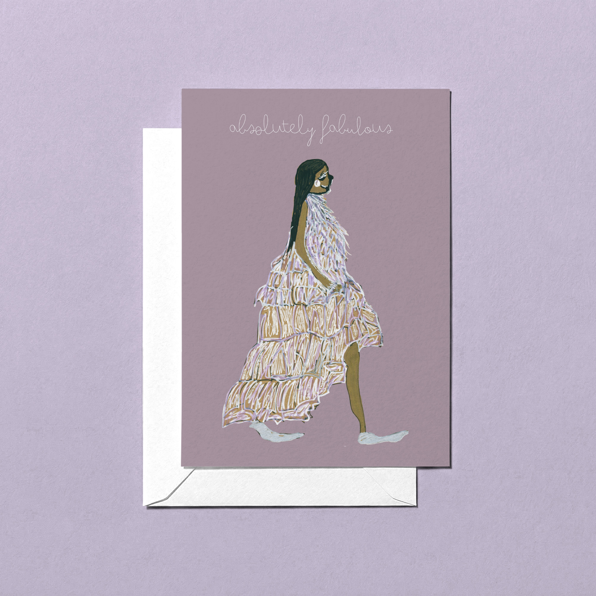 Greeting card with fashion illustration of a woman with black hair in a white feather and white shoes dress on a purple background