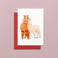 Greeting card with two alpacas on a white background, featuring a red envelope.
