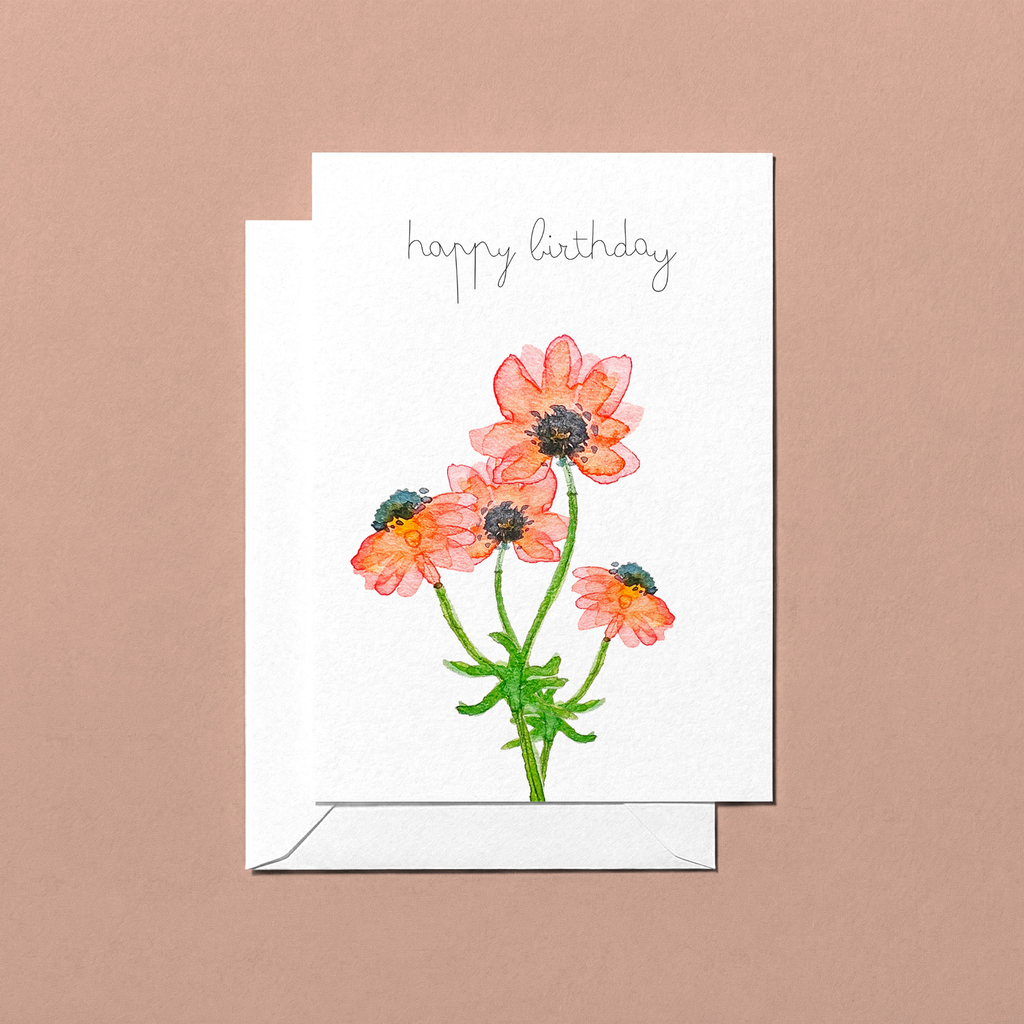 Greeting card with floral design and 'happy birthday' text on a beige background