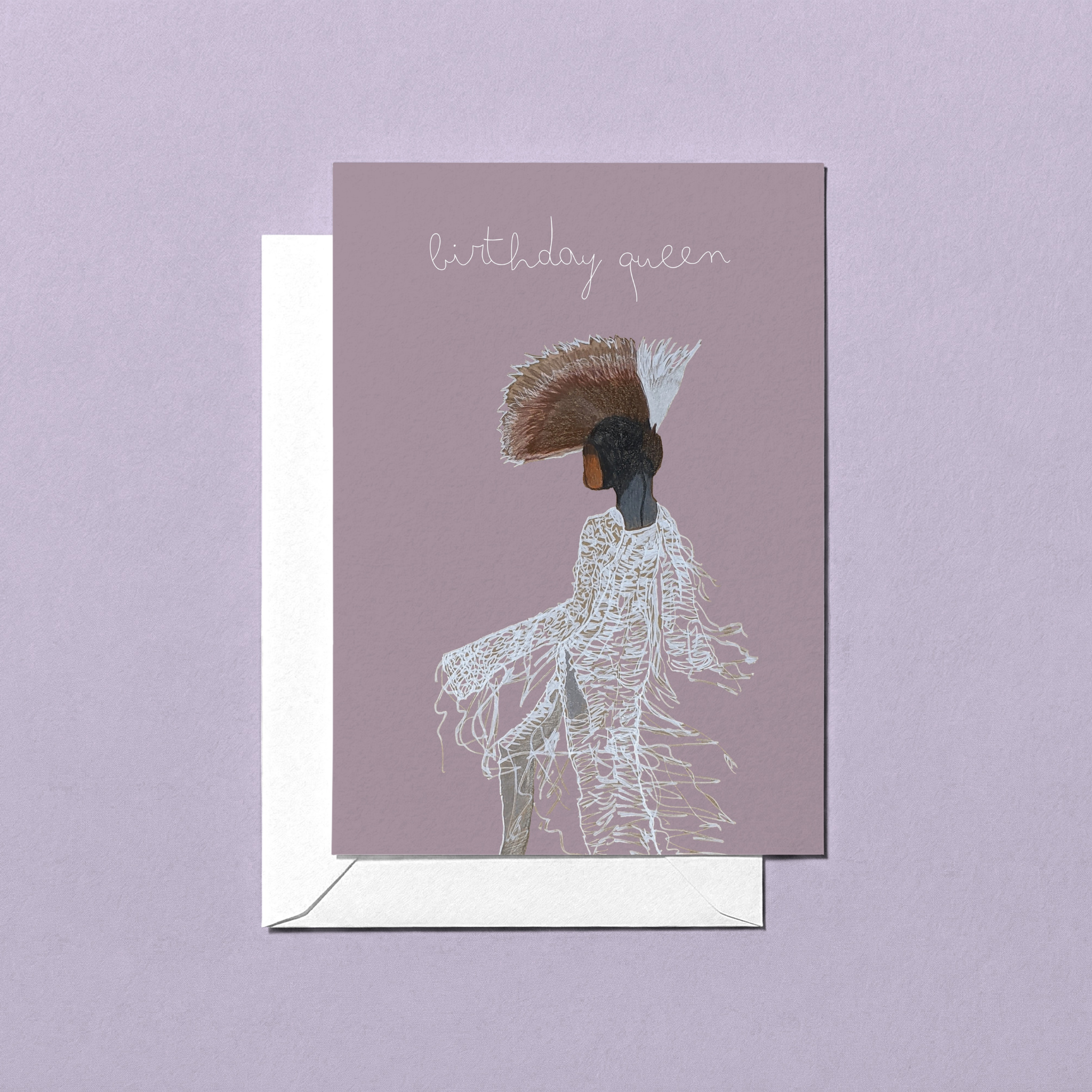 Greeting card with illustration of a woman in a white dress and 'birthday queen' text on a purple background