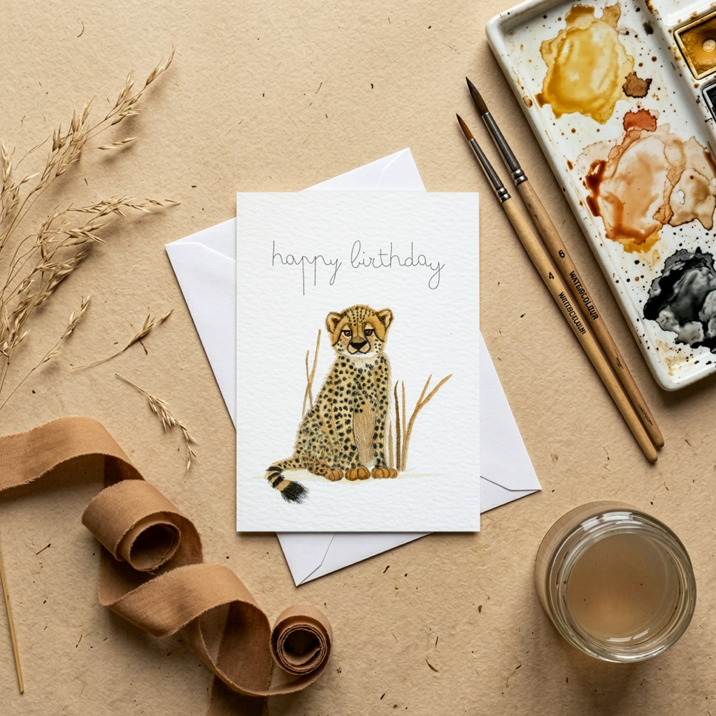 Birthday card with cheetah watercolour illustration on a brown surface with stationery items.