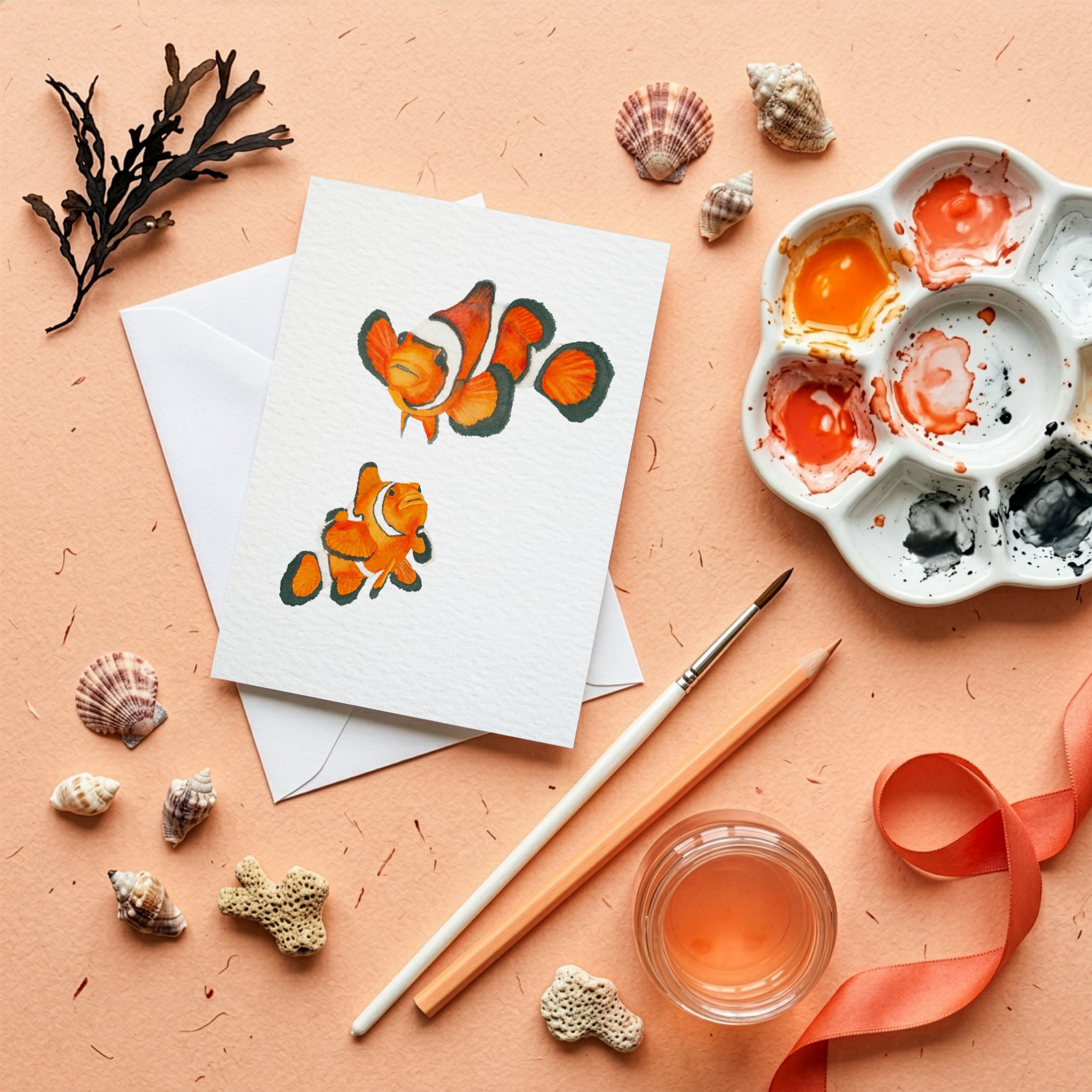 Watercolour of a  clownfish on a greeting card with watercolour painting supplies on a peach background