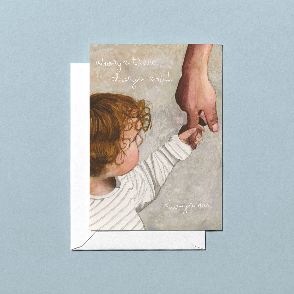 Greeting card with watercolour illustration of a child holding an adult's hand on a light blue background