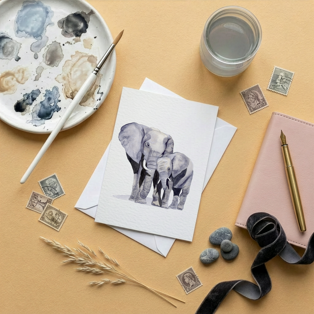 Artistic setup with a watercolour illustration of a mum elephant with her calf, a pen, inkwell, and decorative elements on a beige surface.