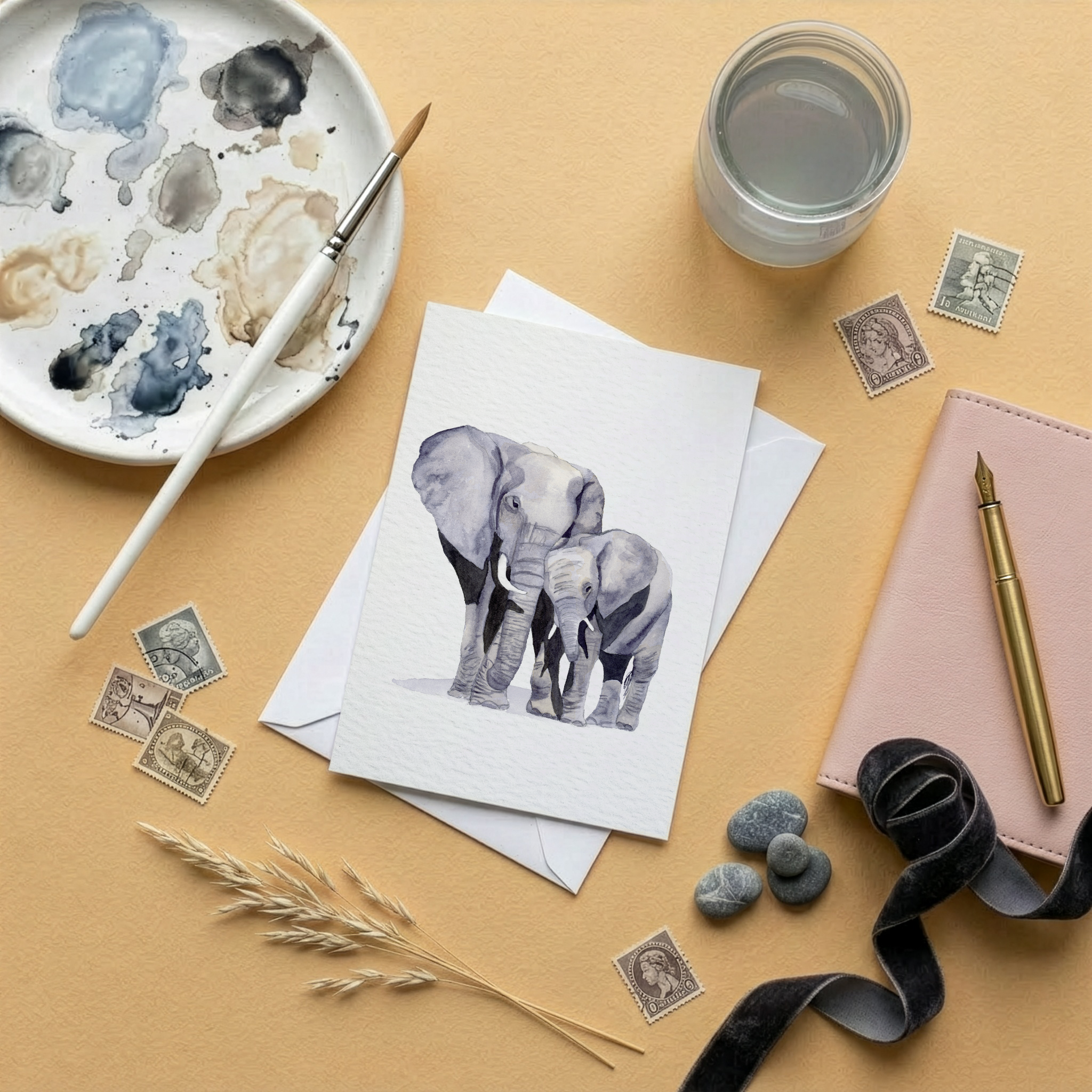 Artistic setup with a watercolour illustration of a mum elephant with her calf, a pen, inkwell, and decorative elements on a beige surface.
