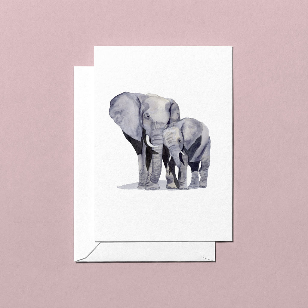 Greeting card with illustration of two elephants on a pink background