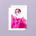 Greeting card with a stylized illustration of a woman wearing a pink feathered outfit on a light purple background.