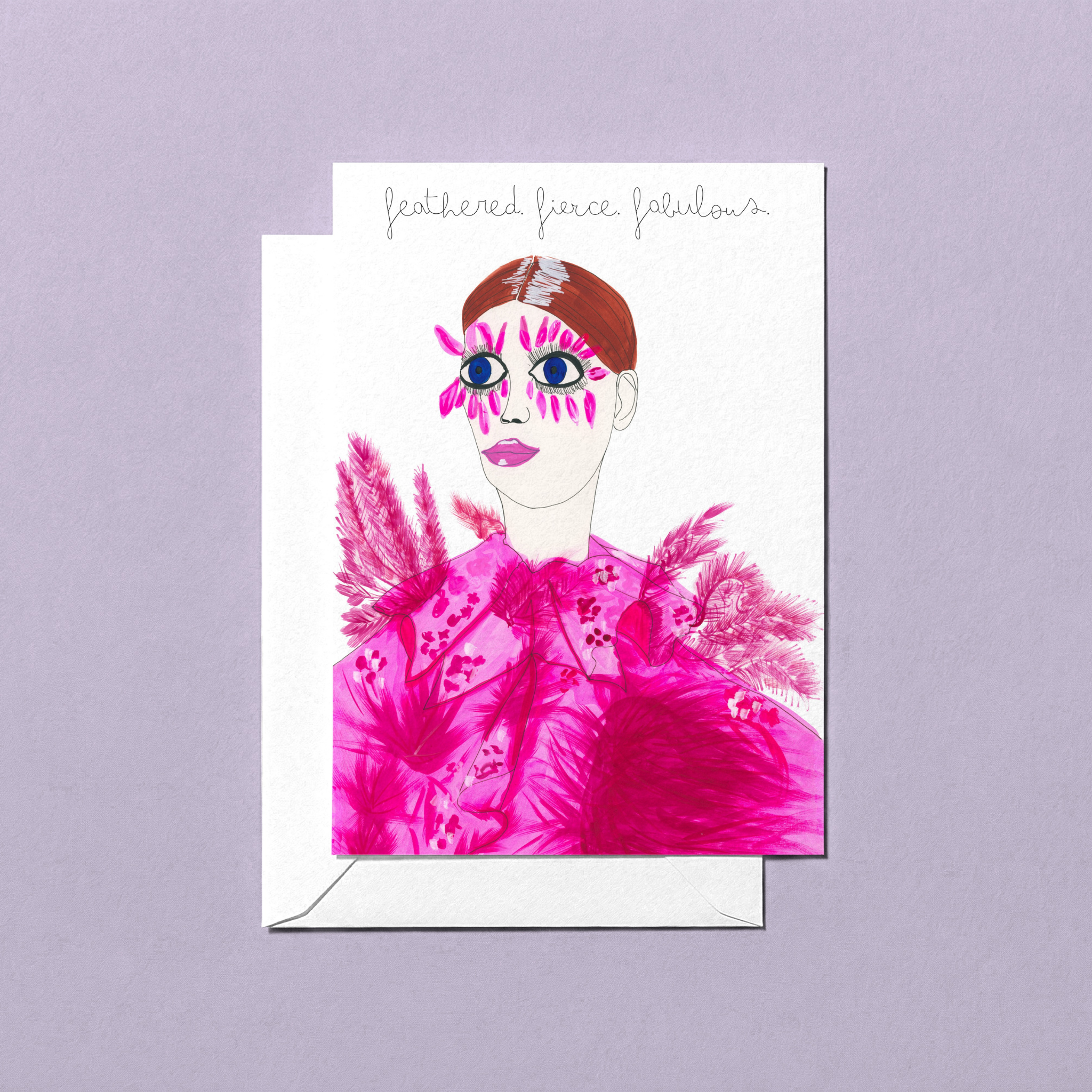 Greeting card with a stylized illustration of a woman wearing a pink feathered outfit on a light purple background.