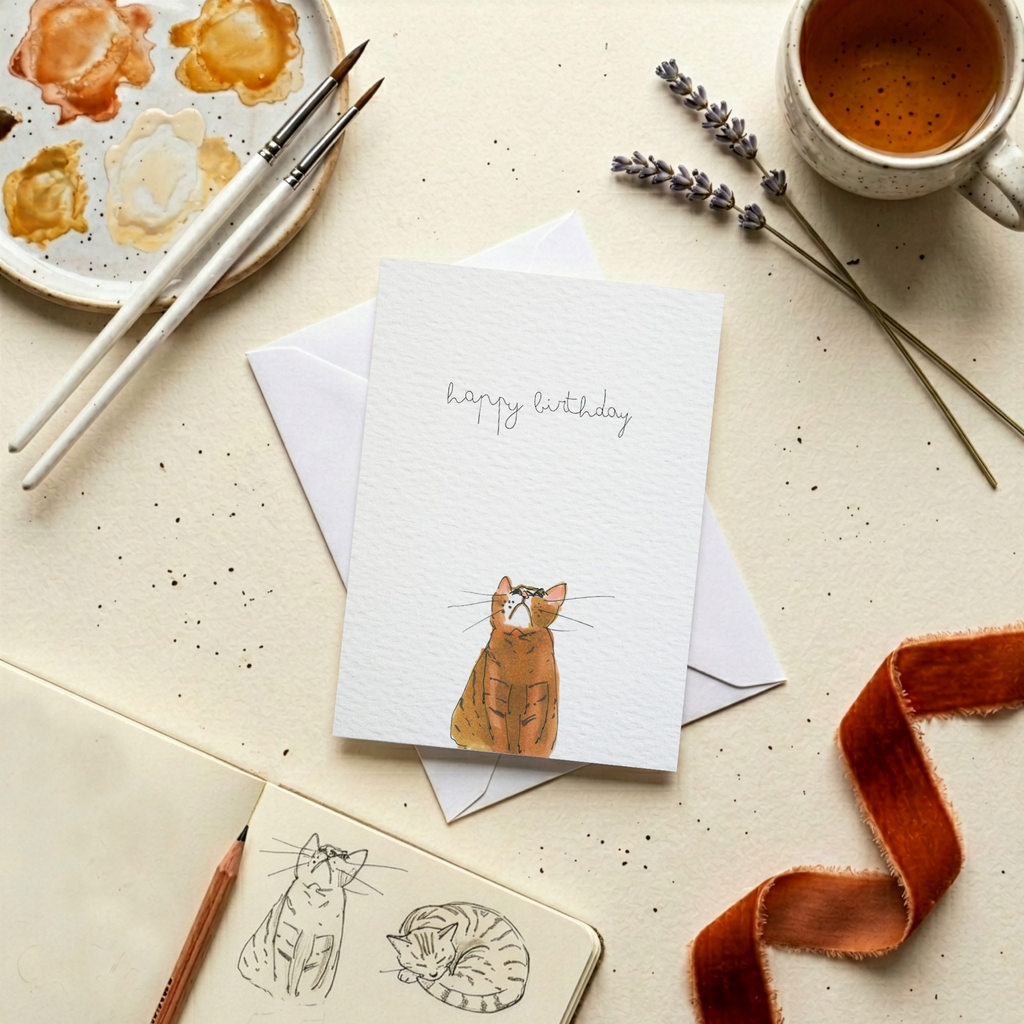 Cat-themed illustrated birthday card with paintbrushes, and lavender on a textured surface.