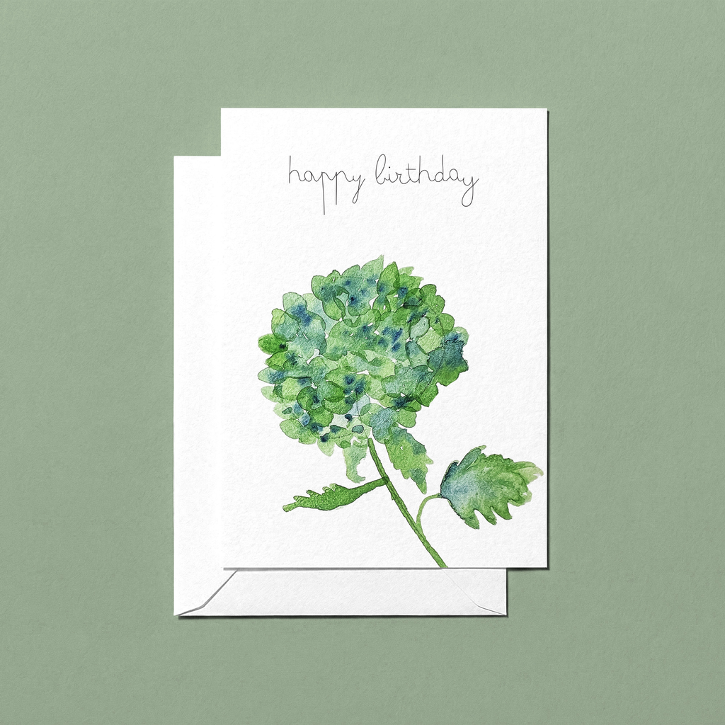 Greeting card with watercolor hydrangea design and 'happy birthday' text on a green background