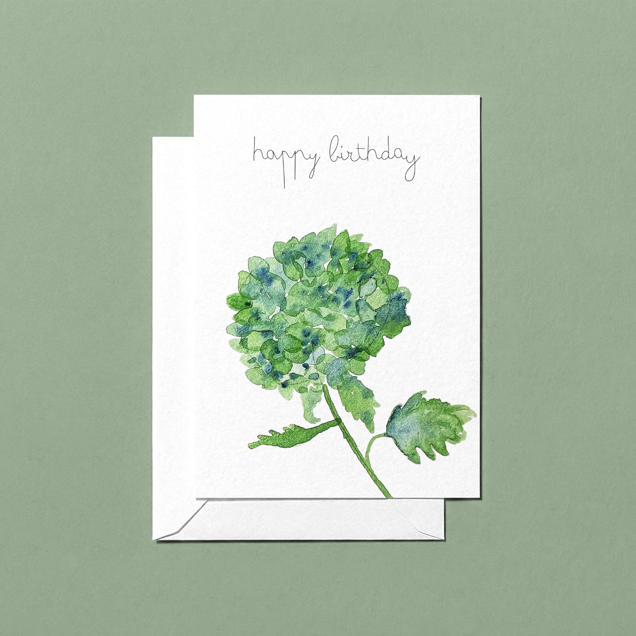 Greeting card with watercolor hydrangea design and 'happy birthday' text on a green background