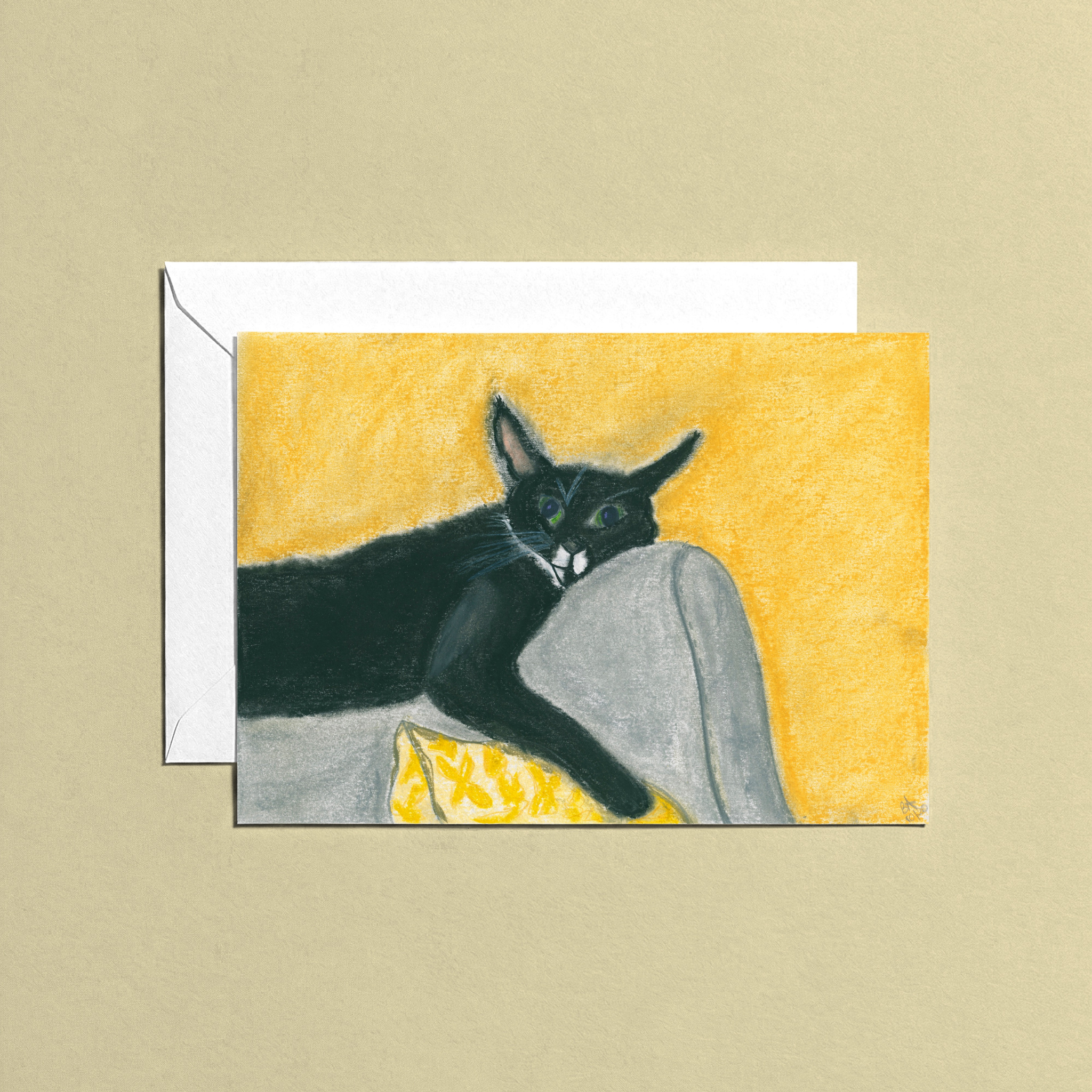 Greeting card with a black cat reclining on a sofa illustration on a yellow background