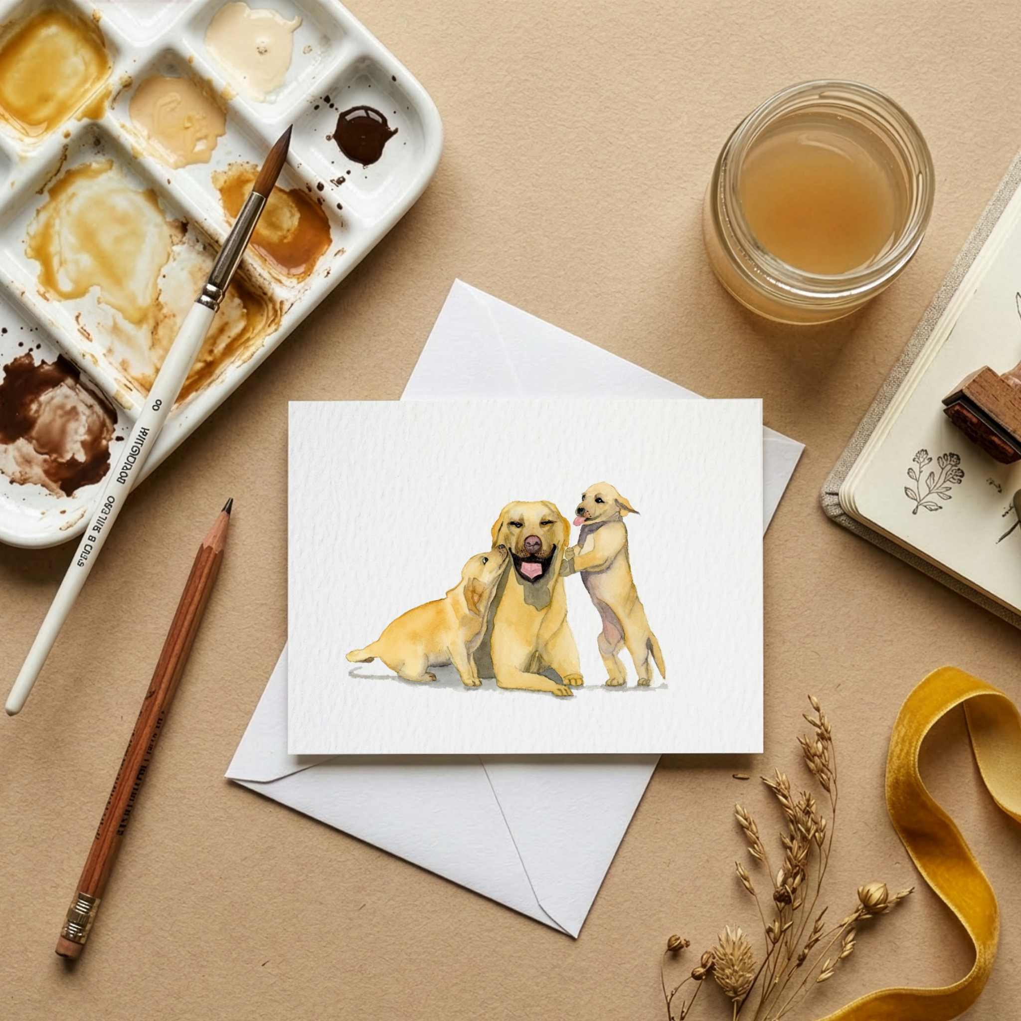Watercolour illustration of a Labrador dog mum with her two pups on a greeting card with painting supplies on a beige surface.