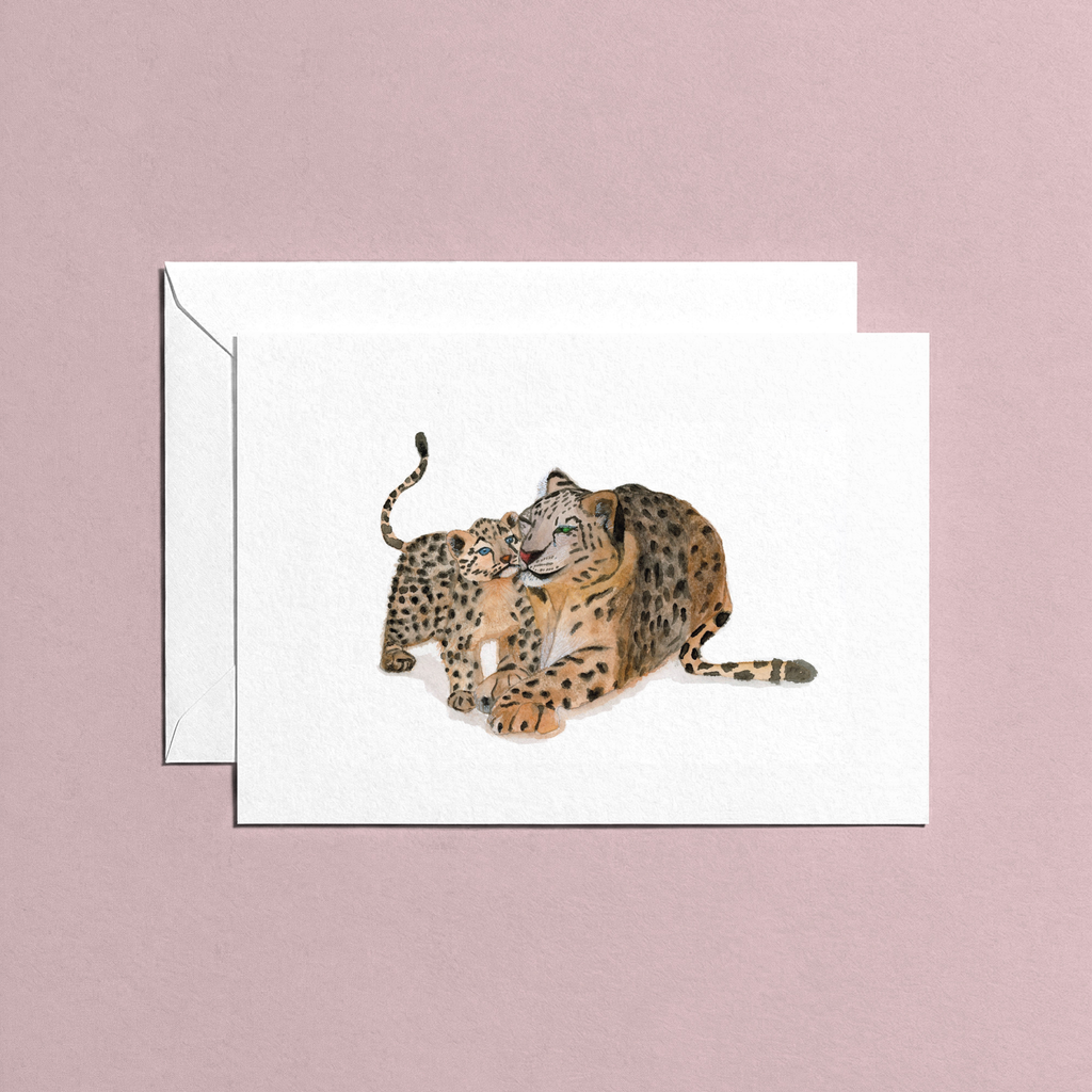 Greeting card with a mother leopard and her cub design on a pink background