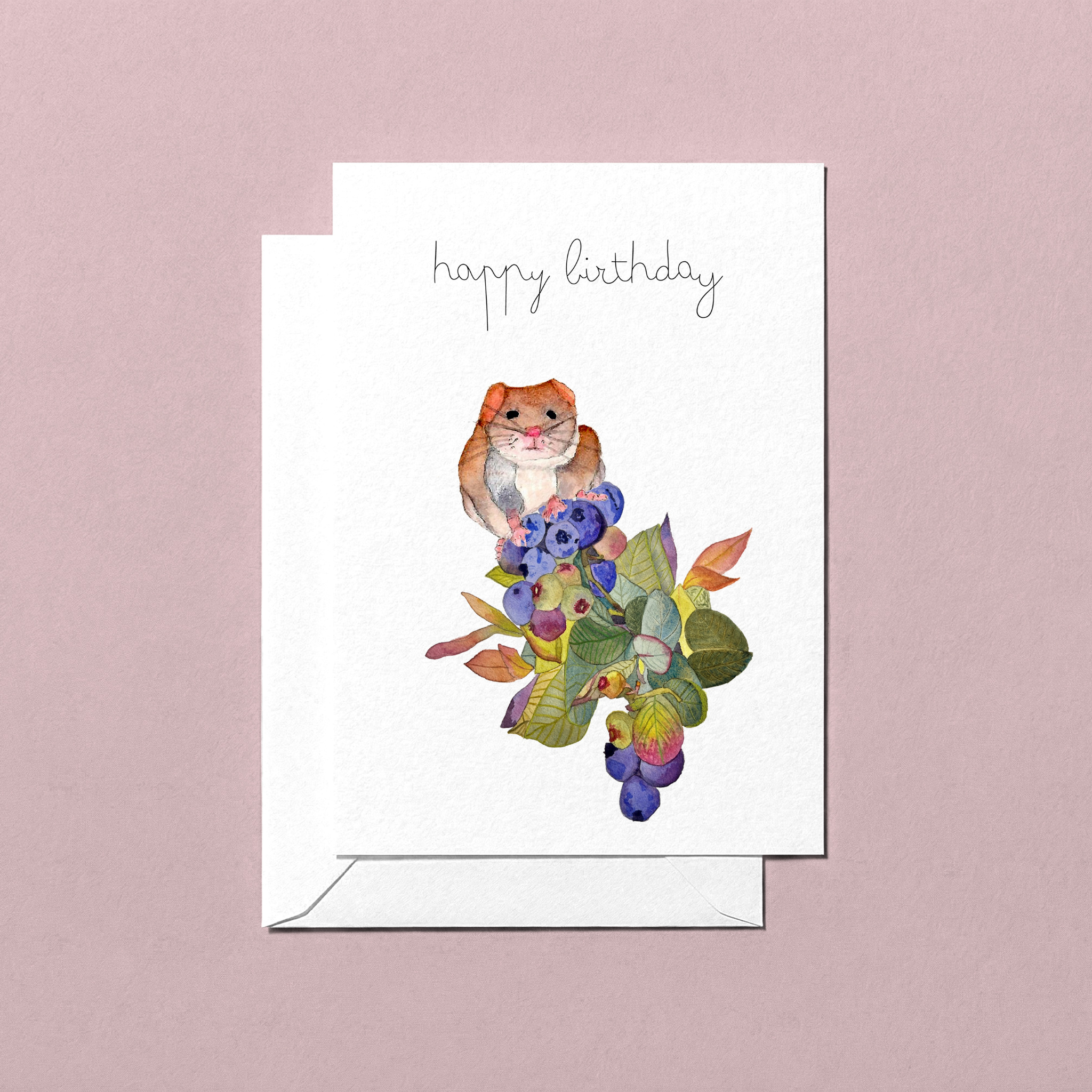 Happy Birthday hand-illustrated watercolour greeting card with a field mouse and floral design on a pink background