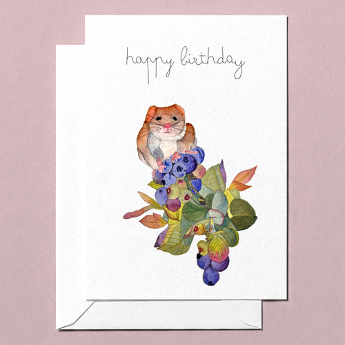 Happy Birthday hand-illustrated watercolour greeting card with a field mouse and floral design on a pink background
