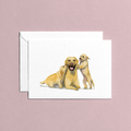 Greeting card with illustration of three Labrador dogs on a white background