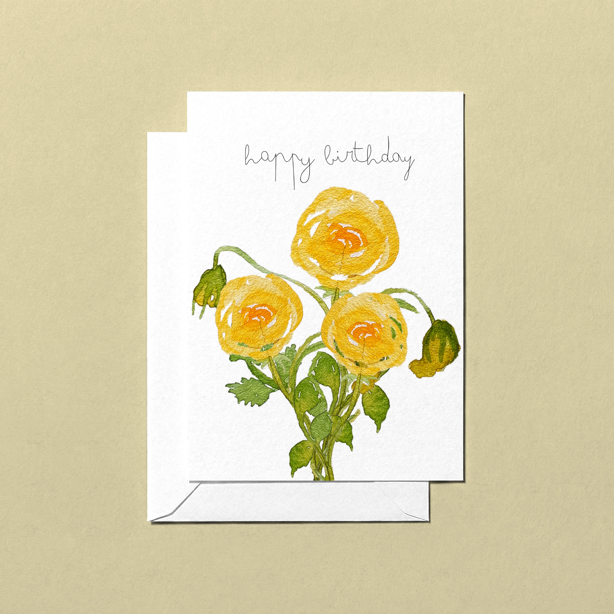 Greeting card with watercolour illustrated yellow flowers and 'Happy Birthday' text on a beige background