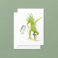 Watercolour hand-illustrated greeting card with a green seahorse holding onto sea grass