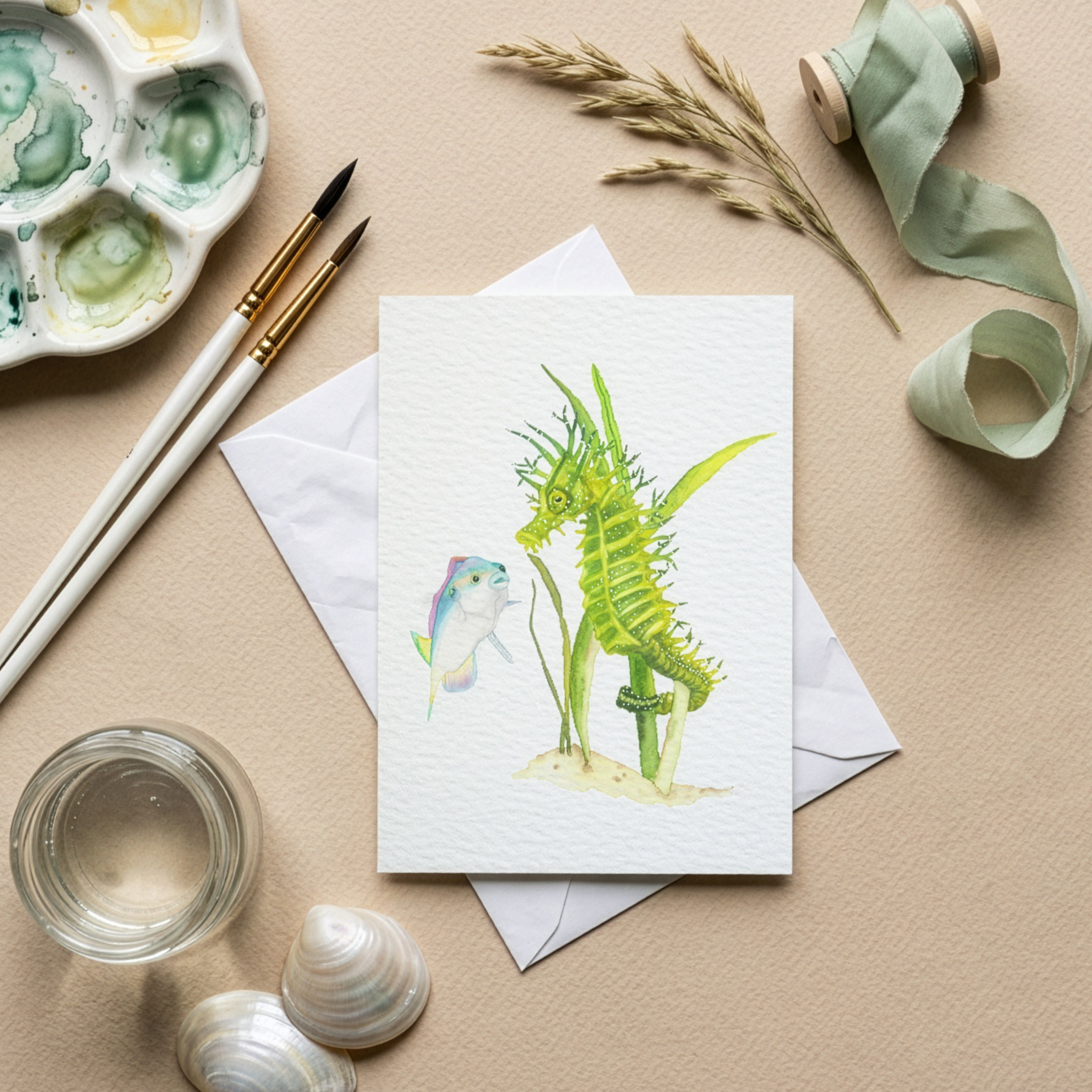 Greeting card with an watercolour green seahorse illustration on a beige surface with art supplies.