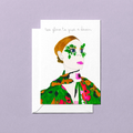 Fashion inspired greeting card with a stylized illustration of a woman's face and floral jacket on a purple background.
