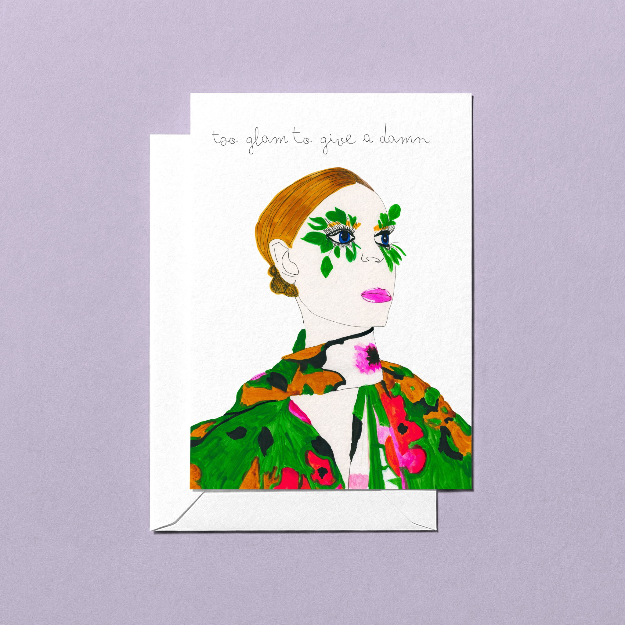 Fashion inspired greeting card with a stylized illustration of a woman's face and floral jacket on a purple background.