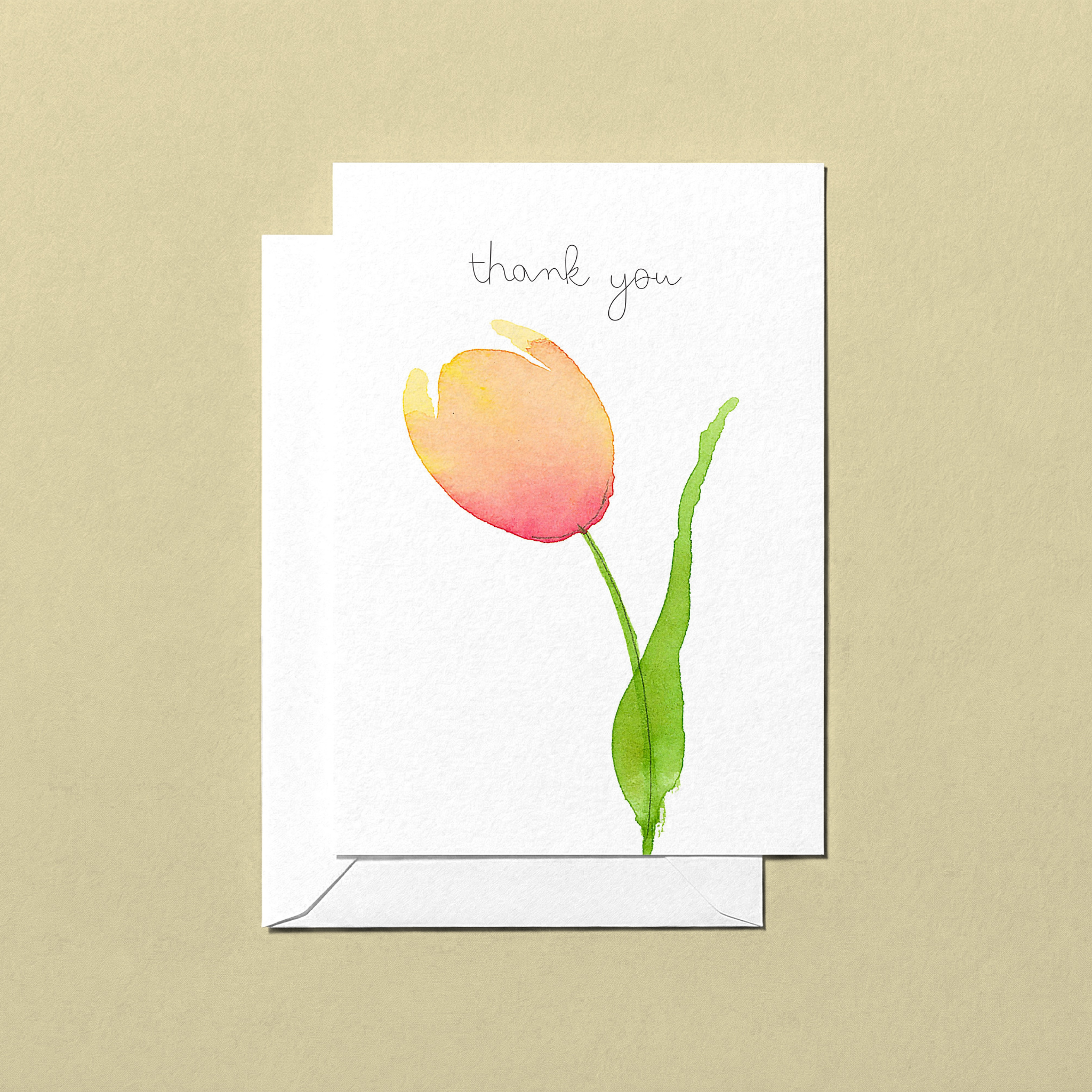 Greeting card with a pink tulip watercolour illustration and 'thank you' text on a beige background