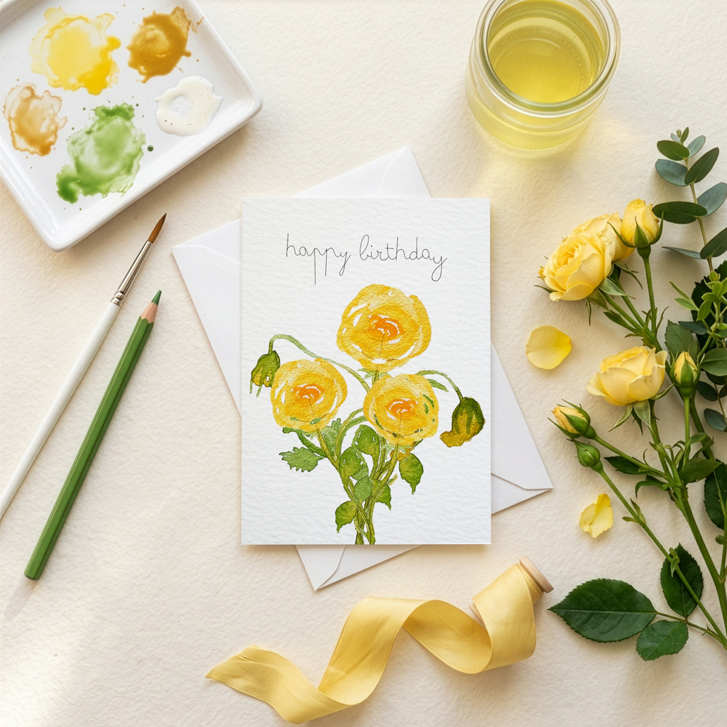 Birthday card with yellow watercolour illustrated roses, a paintbrush, and watercolor palette on a light surface.